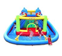 Causeair Toboggan à eau gonflable avec maison de rebond, style dauphin, double canon à eau, mur d'escalade, ventilateur GFCI robuste, parc aquatique gonflable pour enfants, arrière-cour, été