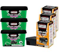 Caussade Anti-Rats & Souris + Boîtes Appâts - 45 Blocs - 900g | Boîtes Réutilisables et Résistantes - 3 Mangeoires à Garnir - Appâts Lieux Très Humides - Prêt à l'Emploi CARBABL300NX3