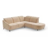 CAVADORE Canapé d'angle Blue/Canapé d'angle au Design Moderne avec réglage de la tête de lit et Pieds métalliques Noir Mat / 258x93x249 / Microfibre Marron Clair