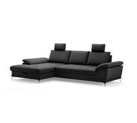 CAVADORE Castiel Canapé d'angle à Ressorts avec Grande Chaise Longue, réglage de la Profondeur d'assise, appuie-têtes et Pieds en métal Noir Mat, 301 x 89-114 x 176 cm, en Cuir véritable, Noir