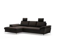 Cavadore Castiel Canapé d'angle à ressorts avec grande chaise longue, réglage de la profondeur d'assise, appuie-têtes et pieds en métal noir mat, 301 x 89-114 x 176 cm, en cuir véritable, marron foncé