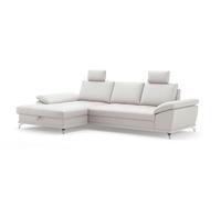 CAVADORE Castiel Canapé d'angle à Ressorts avec Grande Chaise Longue, réglage de la Profondeur d'assise, appuie-têtes et Pieds en métal Noir Mat, 301 x 89-114 x 176 cm, en Cuir véritable, Blanc