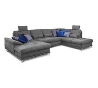 CAVADORE Castiel Salon paysager avec Noyau à Ressorts, Grand canapé-lit en Forme de U avec Coffre de lit, réglage de la Profondeur d'assise et appuie-têtes, 368 x 114 x 232 cm, Tissu tissé Gris