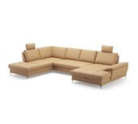 CAVADORE Castiel Salon paysager avec Noyau à Ressorts, Grande Chaise Longue, réglage de la Profondeur d'assise, appuie-tête et Pieds en métal satiné, 368 x 89-104 x 232 cm, en Cuir véritable, Beige