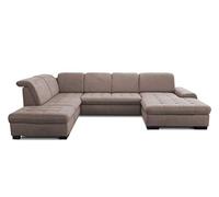 CAVADORE Lexi Salon de Jardin/Grande Forme de U avec Chaise Longue XXL à Droite et Ressorts/Enlève Facilement Les Taches grâce au Soft Clean / 329 x 82 x 224 cm/Tissage Plat : Marron Clair