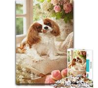 Cavalier King Charles Spaniel Flowers Window Puzzle en Bois, 1000 pièces | Activité autour de la table : activité autour de la table seul ou à plusieurs.