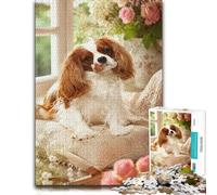 Cavalier King Charles Spaniel Flowers Window Puzzle en Bois, 300 pièces | Cadeau pour amateur de puzzle - cadeau loisir pour fan de puzzle avec activité autour de la table.