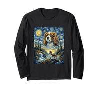 Cavalier Spaniel Moon Howling Starry Night Style Van Gogh Manche Longue