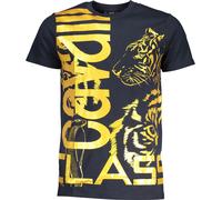 Cavalli Class T-shirt bleu marine avec imprimé tigre jaune : Taille - L Taille : L