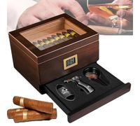 Cave à cigares, double capacité pour 50 à 60 cigares, tiroir, bois de cèdre, hygromètre numérique, verre transparent, cendrier avec briquet, coupe-cigare,Black