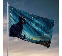 Cave Man Bar A Black Cat Regarde un drapeau d'un ciel étoilé tourbillonnant Décoration de salle de bain ou de toilettes (152 x 244 cm)