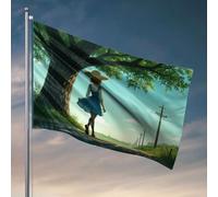 Cave Man Bar A Girl In A Blue Dress Walks Under A Large Tree On A Sunny Day. Drapeau Mancave Accessoires Hommes Décoration (60 x 90 cm)