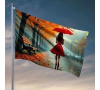 Cave Man Bar A Woman In A Red Dress Walks Under An Umbrella On A Rainy Autumn Day Flag Mancave Accessoires Men Men Decor (120 x 180 cm)