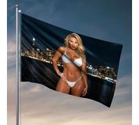 Cave Man Bar A Woman In A White Bikini Poses Against A City Skyline At Night Flag Mancave Accessoires Men Men Decor (152 x 244 cm)