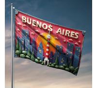 Cave Man Bar Buenos Aires Paysage urbain avec coucher de soleil et drapeau de tour Accessoires de chambre pour adolescents garçons Décoration extérieure à suspendre (60 x 90 cm)
