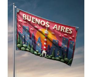 Cave Man Bar Buenos Aires Paysage urbain avec coucher de soleil et drapeau de tour Accessoires de chambre pour adolescents garçons Décoration extérieure à suspendre (30 x 45 cm)