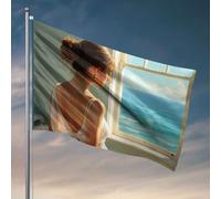 Cave Man Bar Une femme regarde l'océan. Drapeau de camping-car Décorations pour l'intérieur Drapeaux cool pour les gars (60 x 90 cm)