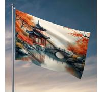 Cave Man Bar une scène d'automne sereine avec un pavillon chinois traditionnel, drapeau de pont en pierre, décorations de camping pour l'intérieur des drapeaux cool pour les hommes (120 x 180 cm)