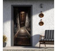 Cave Sticker Porte Escalier Trompe L'oeil Porte 73x205 cm, Bois Papier Peint Porte Amovible Imperméabl Chambre Cuisine Bain Salle