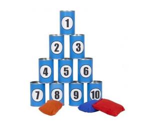 cavernedesjouets Chamboule Tout 10 boites Metal et 3 Sacs Tissu - Jeu de Massacre, Casse Boite - Jeu de Lancer Enfant - Set Kermesse, Fete et Carte