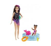 cavernedesjouets Coffret 2 poupée : Skipper + Fille + Piscine + 5 Accessoires - Set Babysitter avec Une Carte Animal
