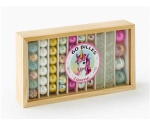 cavernedesjouets Coffret 60 Billes Licornes, Verre Colore - calots, pepites, Plates et Rondes - Multicolore, Rare - Jouet Enfant, Fille - Set Jeu recre et Carte