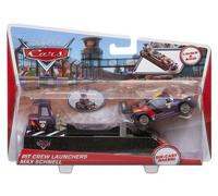 cavernedesjouets Coffret pour Cars - véhicule Max Schnell + Equipe de Stand Max Schnell et lanceurs - Set 2 Voitures Miniatures Metal et Carte Tigre