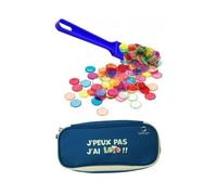 cavernedesjouets Kit Accessoires Loto Bingo 3 en 1 - Trousse + Baton ramasse jetons magnetique Bleu + 100 pions aimantes - Set Materiel Jeu + Carte