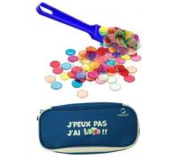 cavernedesjouets Kit Accessoires Loto Bingo 3 en 1 - Trousse + Baton ramasse jetons magnetique Bleu + 100 pions aimantes - Set Materiel Jeu + Carte