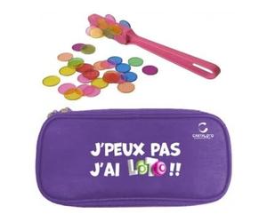 cavernedesjouets Kit Accessoires Loto Bingo 3 en 1 - Trousse Mauve + Baton ramasse jetons magnetique Rose + 100 pions aimantes - Set Materiel Jeu + Carte