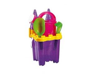 cavernedesjouets Seau Garni Chateau Fort 16 cm avec Tamis, arrosoir, Pelle, rateau, moules a Sable - Coloris Violet Pailletes - Set Jeu de Plage Enfants avec 1 Carte