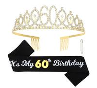 CAVETEE Écharpe et diadème doré pour 60e anniversaire, couronne et inscription « It's My 60th Birthday » pour filles - Kit de décoration d'anniversaire pour 60e anniversaire