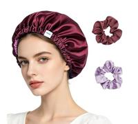 CAVIXO Bonnet de nuit en satin double couche ajustable, cheveux bouclés naturels, inclus 2 chouchous