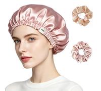 CAVIXO Bonnet de nuit en satin double couche ajustable, cheveux bouclés naturels, inclus 2 chouchous