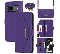 Cavor Coque Compatible avec Google Pixel 7 Etui avec Cordon,Flip Portefeuille Étui Cuir,[5 Porte Cartes][Miroir][Magnétique][Réglable Collier] Housse Etui - Violet