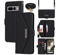 Cavor Coque Compatible avec Google Pixel 7 Pro Etui avec Cordon,Flip Portefeuille Étui Cuir,[5 Porte Cartes][Miroir][Magnétique][Réglable Collier] Housse Etui - Noir