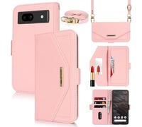 Cavor Coque Compatible avec Google Pixel 7A Etui avec Cordon,Flip Portefeuille Étui Cuir,[5 Porte Cartes][Miroir][Magnétique][Réglable Collier] Housse Etui - Rose