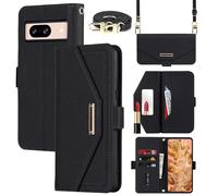 Cavor Coque Compatible avec Google Pixel 8 Etui avec Cordon,Flip Portefeuille Étui Cuir,[5 Porte Cartes][Miroir][Magnétique][Réglable Collier] Housse Etui - Noir
