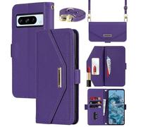 Cavor Coque Compatible avec Google Pixel 8 Pro Etui avec Cordon,Flip Portefeuille Étui Cuir,[5 Porte Cartes][Miroir][Magnétique][Réglable Collier] Housse Etui - Violet