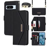 Cavor Coque Compatible avec Google Pixel 8 Pro Etui avec Cordon,Flip Portefeuille Étui Cuir,[5 Porte Cartes][Miroir][Magnétique][Réglable Collier] Housse Etui - Noir