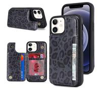 Cavor Coque Compatible avec iPhone 12 Mini,Flip Portefeuille Étui en Cuir,[4 Porte Cartes][Fermeture Bouton],Protection Housse Etui Compatible avec iPhone 12 Mini - Léopard Noir