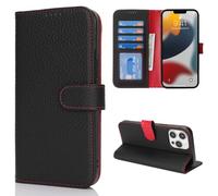Cavor Coque Compatible avec iPhone 13 Pro Etui,Cuir véritable Flip Portefeuille Étui en Cuir,[4 Porte Cartes][Magnétique][RFID Blocker],Protection Housse - Noir+Rouge