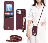 Cavor Handykette Handyhülle iPhone 12 Mini Hülle Mit Band,Flip Leder Geldborse Handyhülle,[4 Kartenfach][Mit Ring Stander][Schnalle],Handytasche zum Umhängeband für iPhone 12 Mini - Burgunder