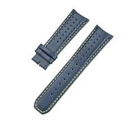 CAWEUER Bracelet en cuir bleu compatible avec la série Citizen Blue Angels, incurvé en arc, 22 mm et 23 mm, bracelet en cuir de vache compatible avec Blancpain Fifty Fathoms(Yellow line no clasp,23mm)