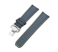CAWEUER Bracelet en cuir bleu compatible avec la série Citizen Blue Angels, incurvé en arc, 22 mm et 23 mm, bracelet en cuir de vache compatible avec Blancpain Fifty Fathoms(Royal blue yellow03,22mm)