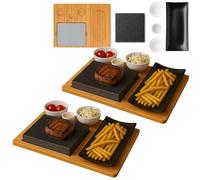 CAWI Lot de 2 planches à steak en pierre de lave - Plateau de service - Planche en bambou avec grill à pierres chaudes - Plaque de cuisson à steak - Plaque en pierre - Barbecue de table