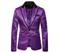 Caxndycing Blazer à paillettes pour homme - Veste brillante - Pour mariage, fête, smoking - Coupe ajustée - Un bouton - Manteau de costume élégant - Veste de sport - Nouvel An - Tenue disco, lilas, M