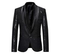 Caxndycing Blazer brillant à paillettes pour homme - Col en V - Veste de costume Fanky à paillettes - Veste de smoking avec boutons - Coupe ajustée - Haut étincelant - Costume de performance, Noir , M