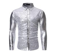 Caxndycing Chemise à manches longues en satin pour homme - Coupe ajustée - Pour fête, discothèque, discothèque, années 1970, 80, costume de fête à thème hippie du nouvel an, Z7 argent, M