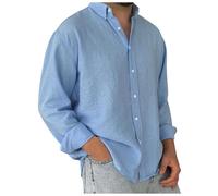 Caxndycing Chemise à manches longues pour homme - En coton et lin - Coupe ajustée - Coupe ajustée - Chemise de plage légère - Chemise d'affaires décontractée - Couleur unie, Bleu clair., 3XL